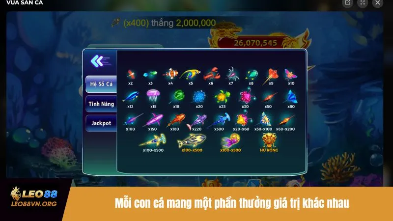 Mỗi con cá mang một phần thưởng giá trị khác nhau