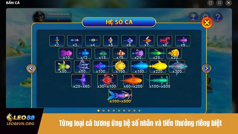 Từng loại cá tương ứng hệ số nhân và tiền thưởng riêng biệt