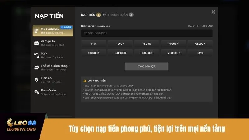 Tùy chọn nạp tiền phong phú, tiện lợi trên mọi nền tảng